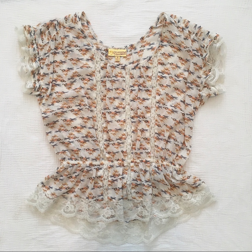 Princess Vera Wang Blouse Cream Brown Dogs Medium